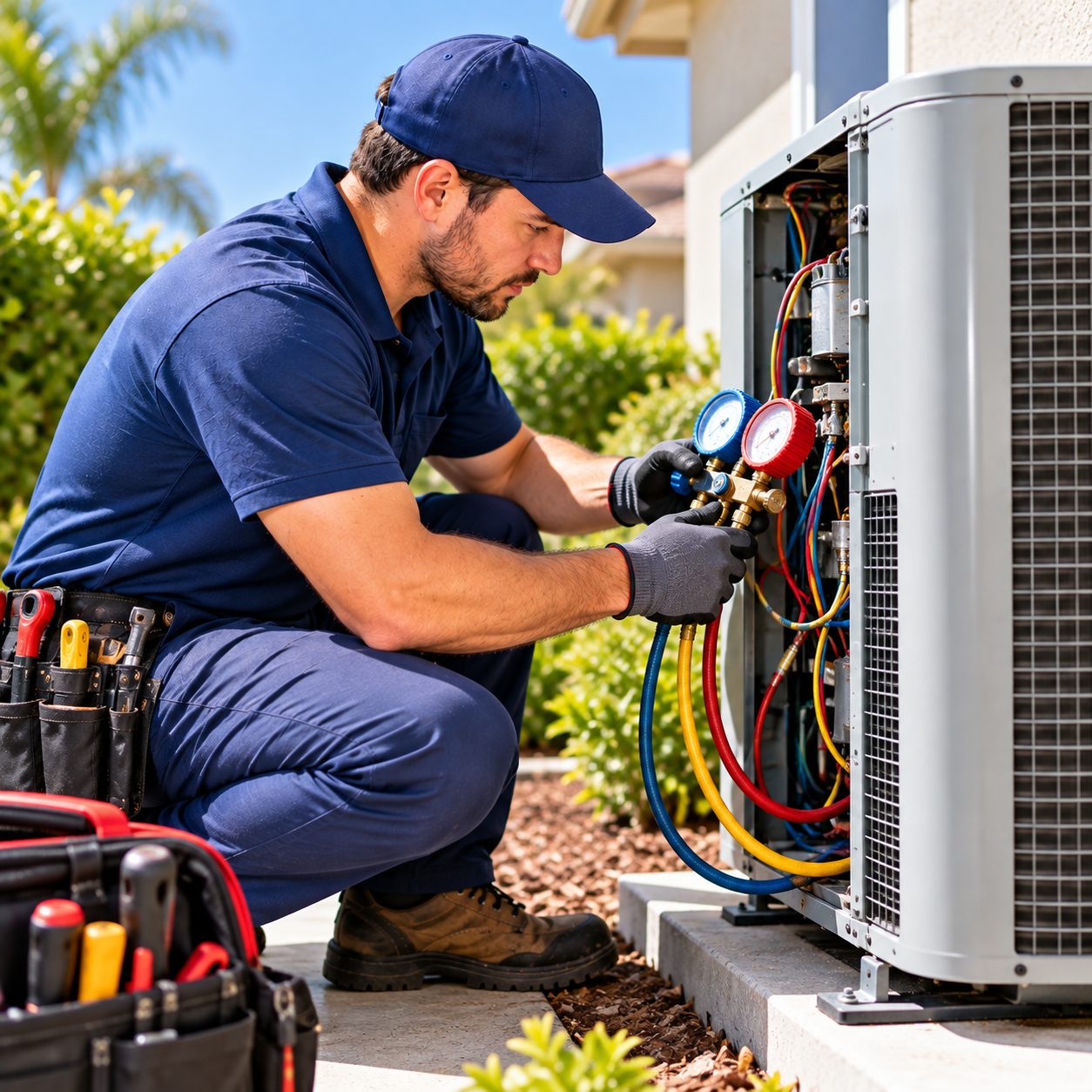 Residential air conditioning repair technician working on equipment