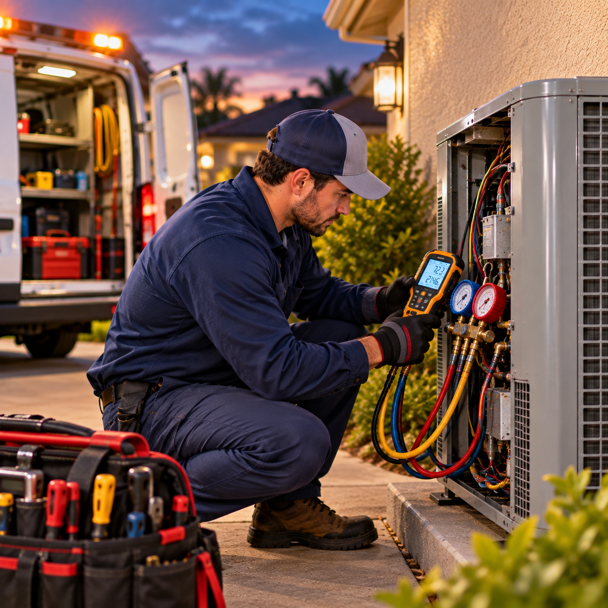 Residential HVAC service technician at an outdoor unit