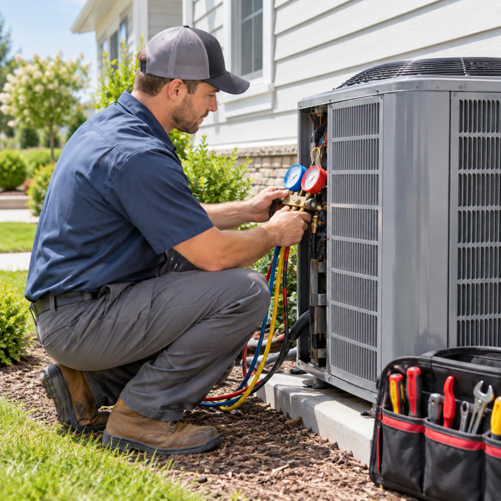 Residential HVAC technician working on outdoor equipment