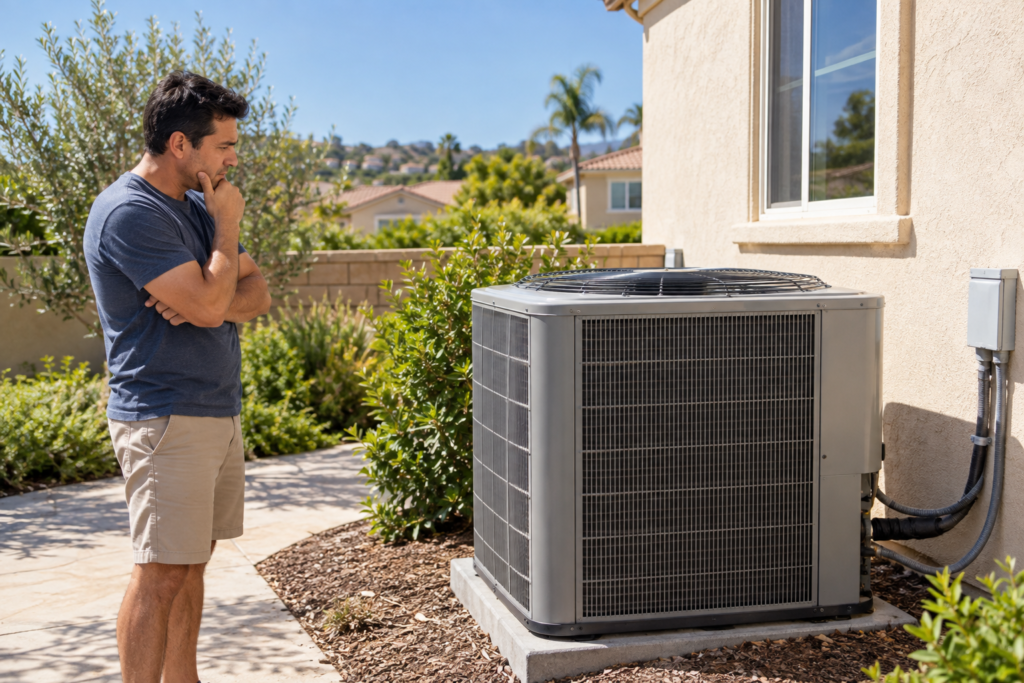 Homeowner observing a residential air conditioner outside an Irvine home