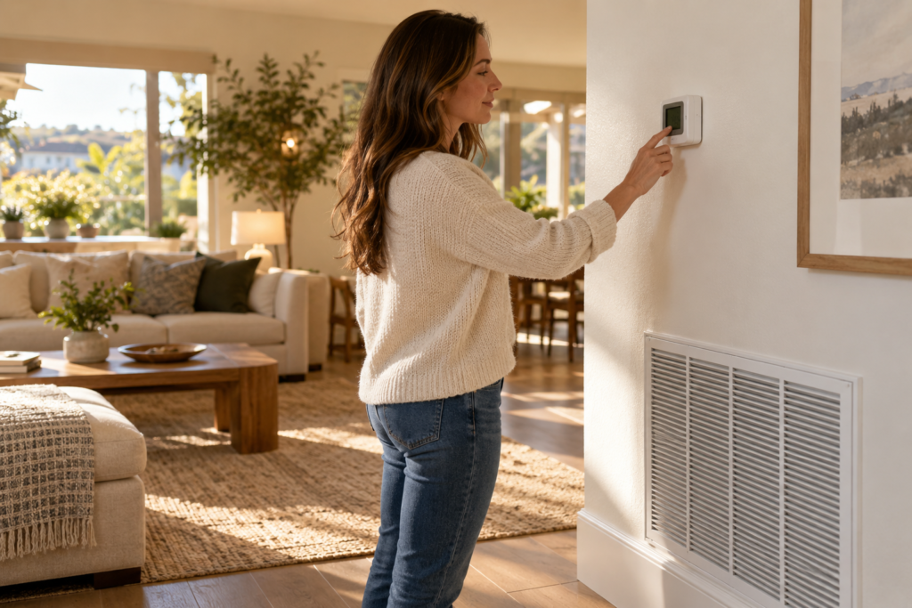 Homeowner checking residential heating thermostat