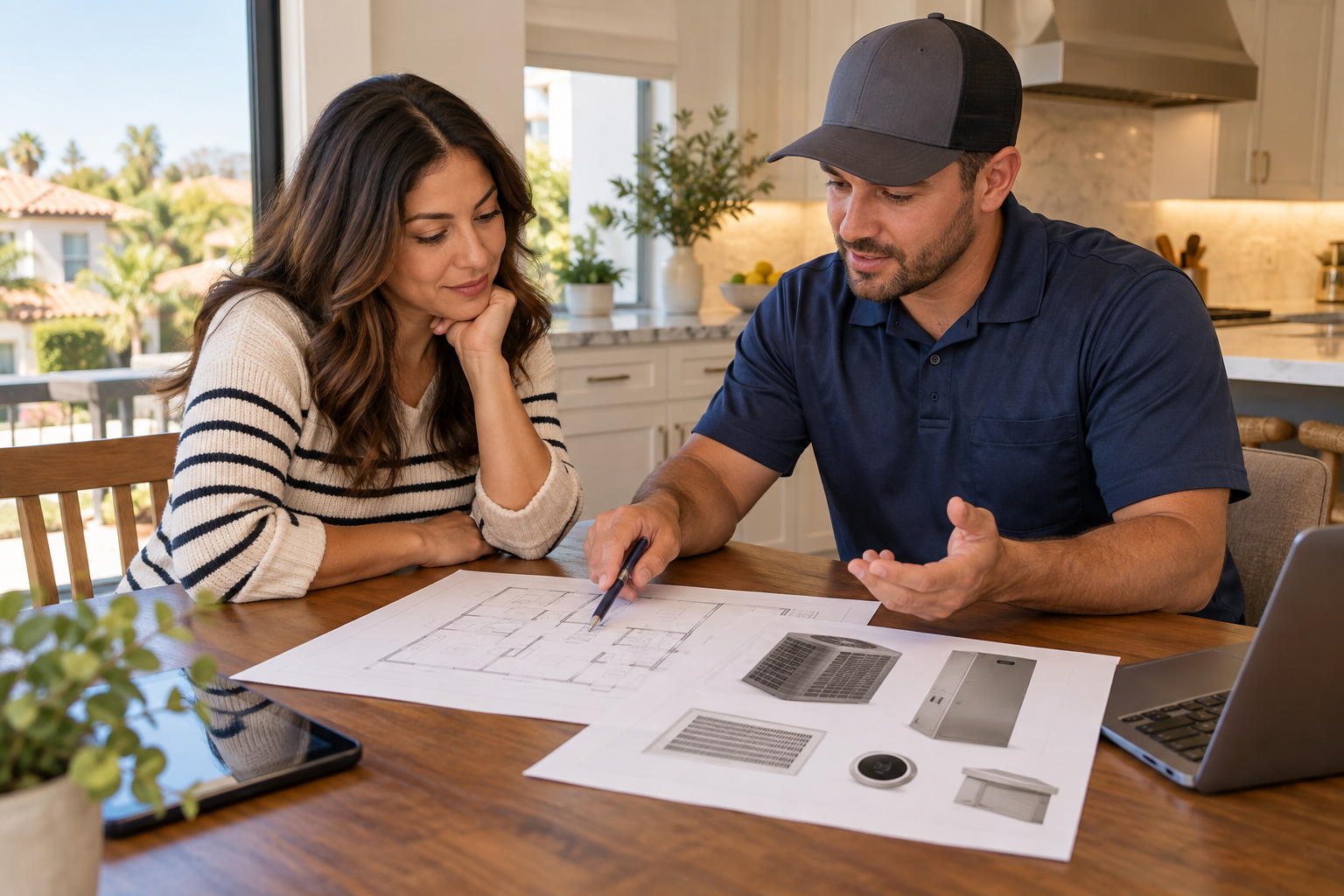 Homeowner reviewing a residential HVAC installation plan