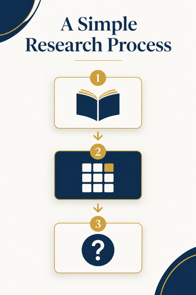 Navy, gold, and white three-step research graphic with guidebook, directory grid, and question mark icons