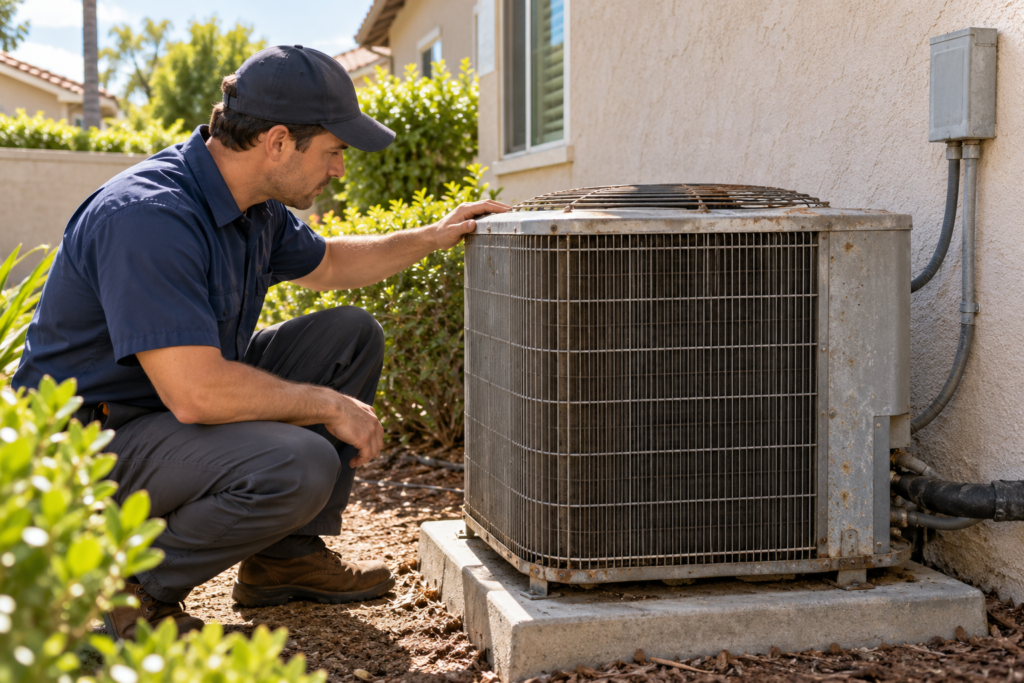 Technician inspecting an older residential air conditioner